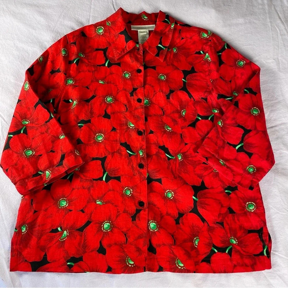 Jones New York 100% Linen Button Up Red Flowers Short Sleeves Spring/Summer M - Picture 1 of 9